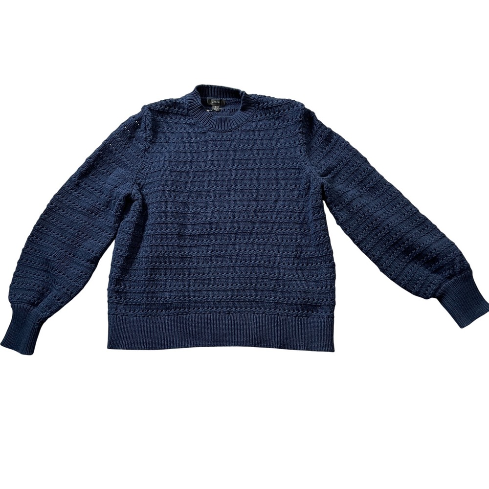 J Crew Large Navy Striped Pointelle Cotton Blend Crewneck Sweater